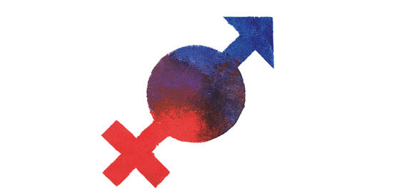 Eine Grafik auf der das Symbol des weiblichen Geschlechts und des männlichen Geschlechts miteinander verbunden sind. Die Farben Rot und Blau laufen dabei ineinander und werden zu Violet.