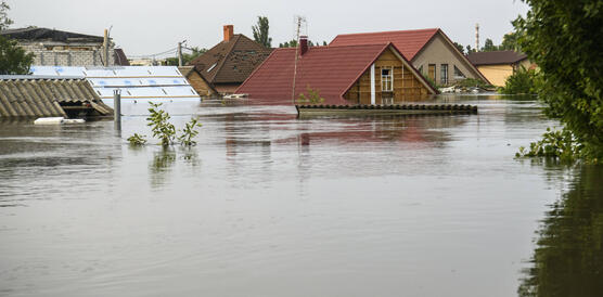 Das BIld zeigt wie eine Dorf überschwemmt wird, das Wasser reicht bis zu den Dächern