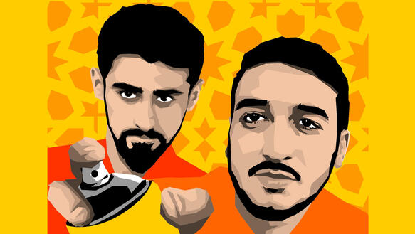 Ein animiertes Portrait der beiden Künstler Bayram Mammadov und Giyas Ibrahimov mit einer Spraydose 