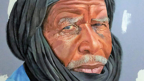 Gemälde eines älteren Mannes mit traditioneller Kopfbedeckung und Schnurrbart.