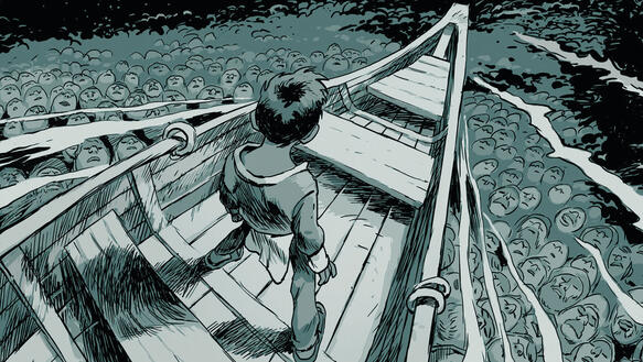 Zeichnung in Cartoon-Style, ein Junge steht auf einem Holzboot im Bug, im Meerwasser sind viele Gesichter von Menschen.Zeichnung: Cyrille Pomès / Cross Cult 