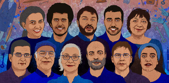 Zeichnung von einer Gruppe aus 11 Personen in blauer Kleidung