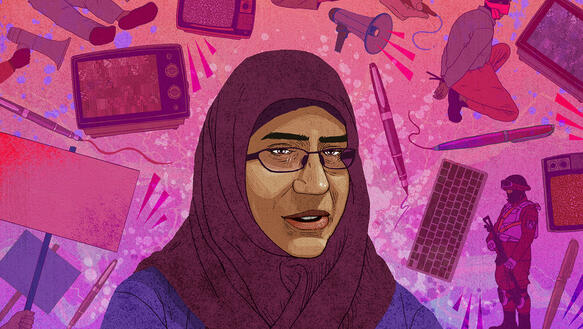 Zeichnung von entschlossener Frau mit Brille vor lila Hintergrund