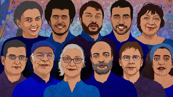 Zeichnung von elf in der Türkei angeklagten Menschenrechtsverteidigerinnen und Menschenrechtsverteidigern