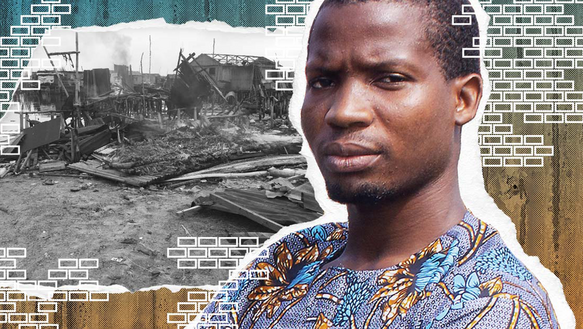 Collage mit: Porträt eines jungen Mannes. Im Hintergrund ist ein Foto von eingestürzten Gebäuden.