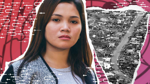 Collage mit: Porträt einer jungen Frau. Im Hintergrund ist ein Foto einer Gemeinde von oben.