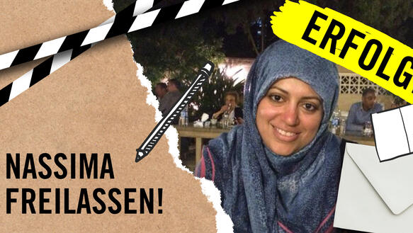 Portät von Nassima el-Sada + grafische Elemente (Briefumschlag, Postkarte, Stift) + Schrift: Nassima freilassen! + Erfolg!