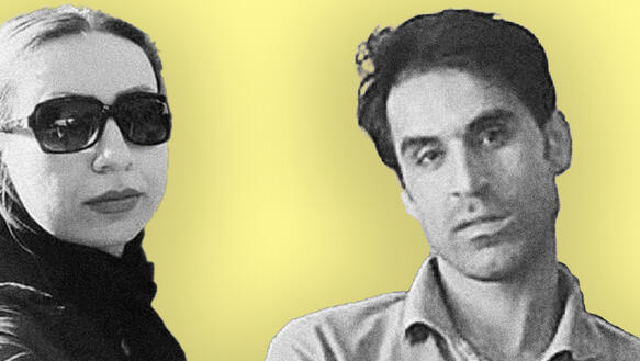 Das Bild zeigt eine Collage mit zwei Porträtbildern in schwarz-weiß, auf gelbem Hintergrund