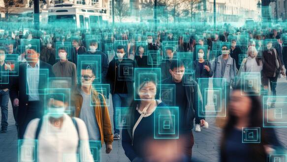 Das Bild zeigt eine Illustration mit Menschen in einer Fußgängerzone, man sieht digitale Projektion über ihren Köpfen